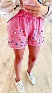 Pink Denim Rainbow Crystal Shorts
