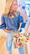 Blue Stripe Embroidered Scallop Hem Top