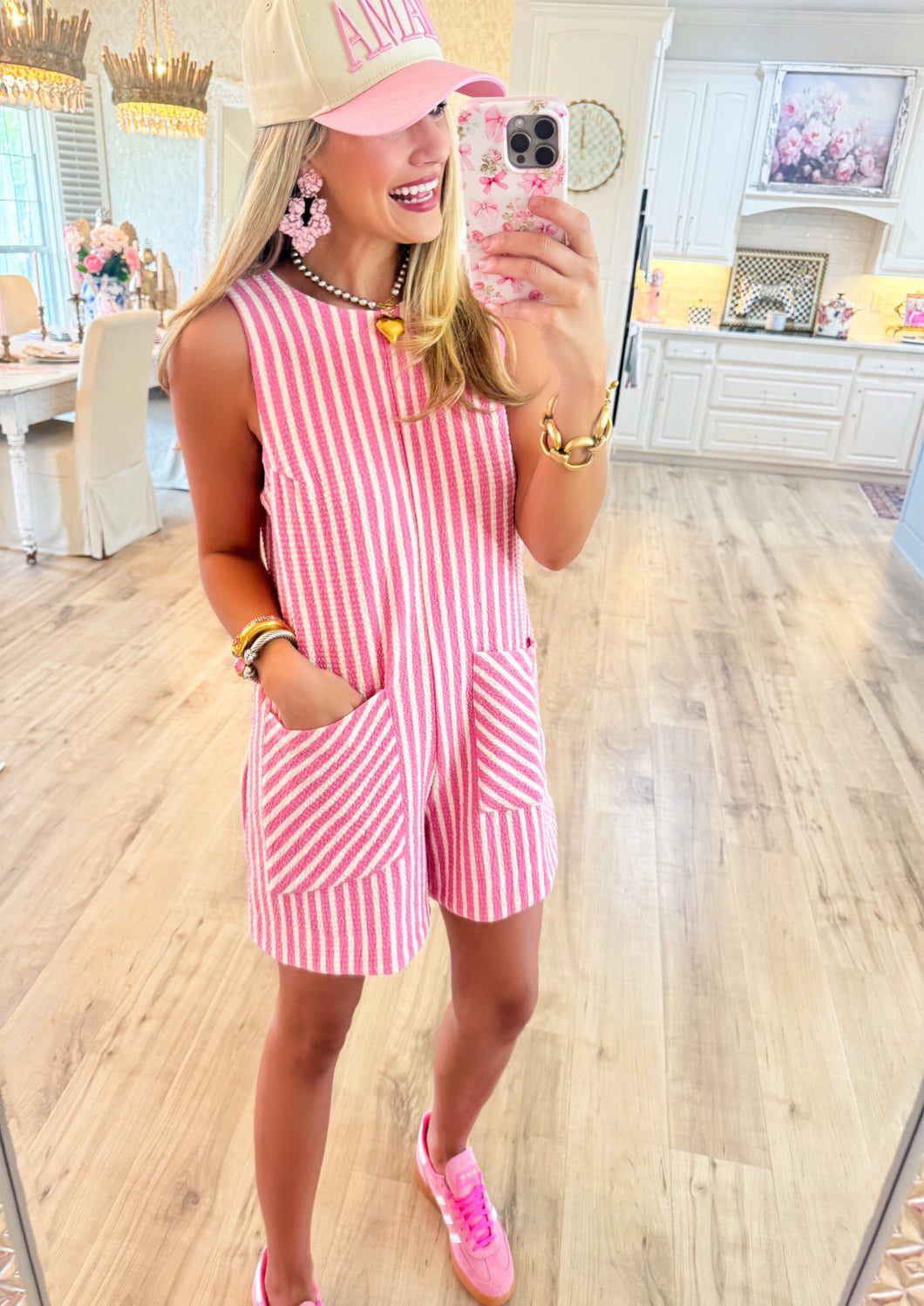 Bubble Pink Textured Striped Romper