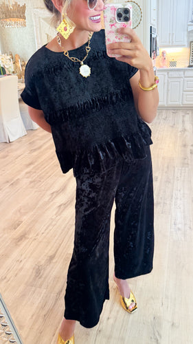 Black Velvet Ruffle Pant Set