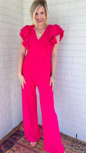 Hot Pink Ruffle Sleeve Jumpsuit