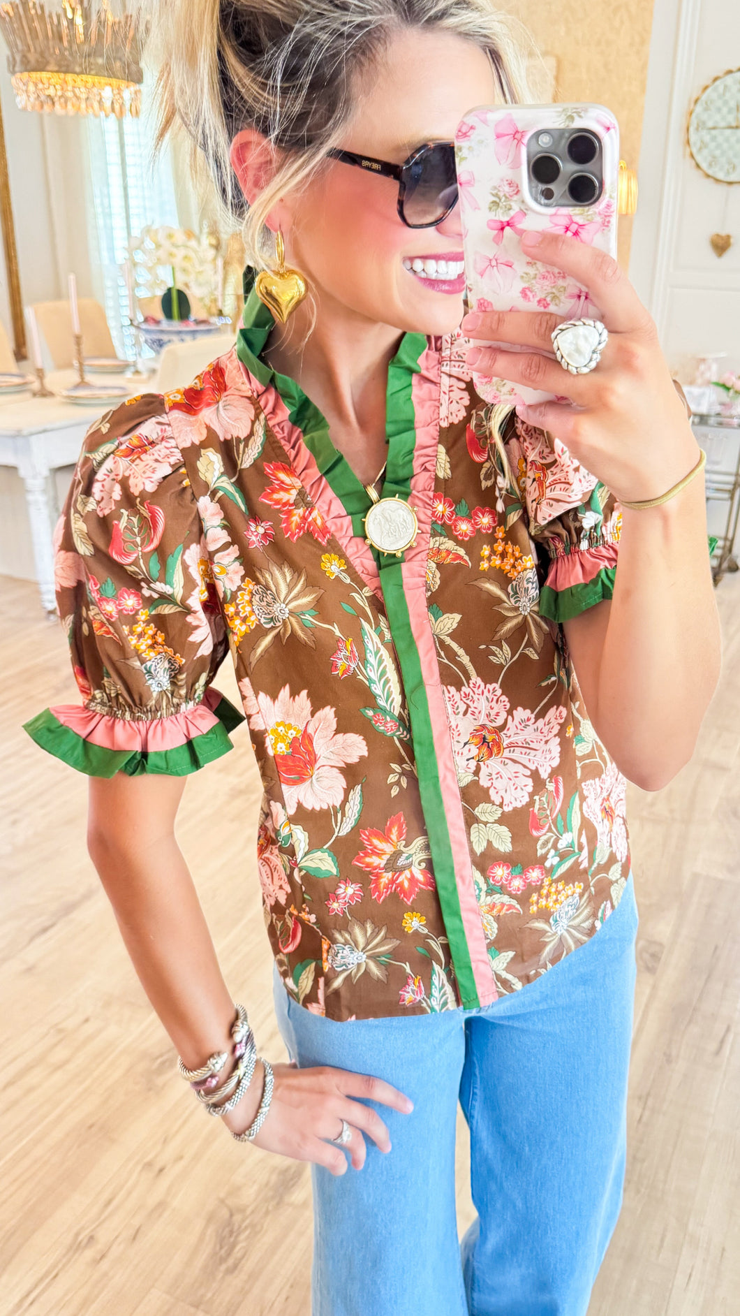 Deal of the day Brown Floral Print Ruffle Puff Sleeve Top