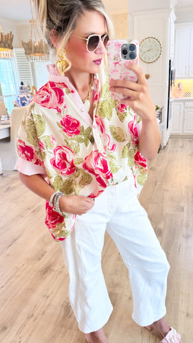 Pink Mix Floral Ruffle Contrast Top