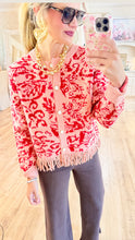 Coral Red Floral Fringed Sweater Cardigan