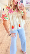 THML Cream Floral Embroidered Tassel Tie Top