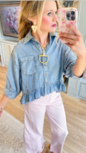 Denim Ruffle Hem Button Up Top