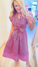 Pink Pine Stripe Cap Sleeve Midi Dress