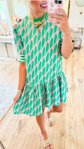 Green Geometric Print Mini Dress