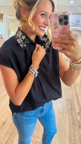 Black Multi Floral Button Collar Top