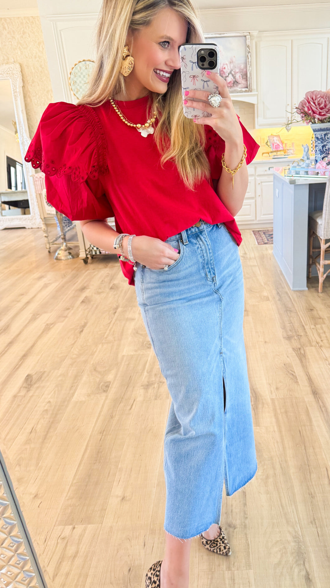 Red Eyelet Bubble Sleeve Top
