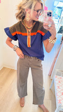 Navy Colorblock Plaid Contrast Top