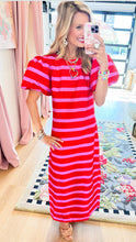 Red and Pink Stripe Puff Sleeve Maxi Dress