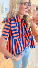 Navy and Orange Stripe Ruffle Neck Top