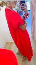 Red Applique Puff Sleeve Midi Dress