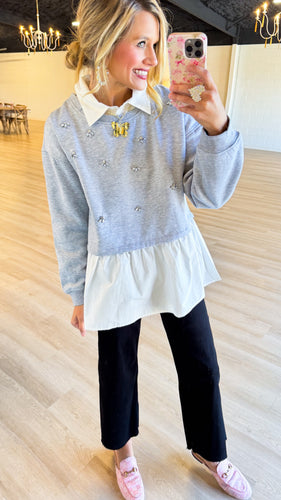 Heather Grey Rhinestone Embellished Twofer Sweater