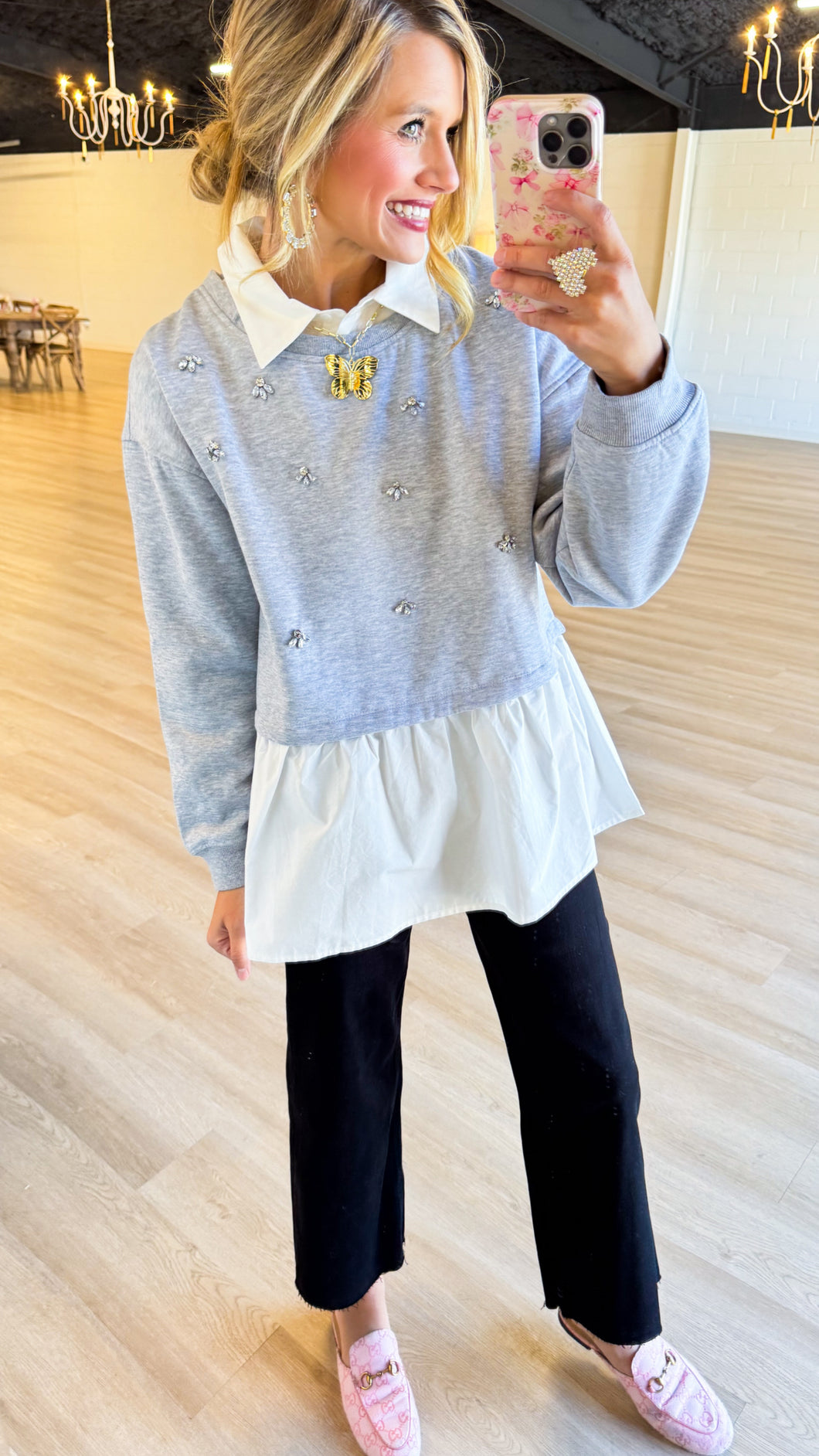 Heather Grey Rhinestone Embellished Twofer Sweater