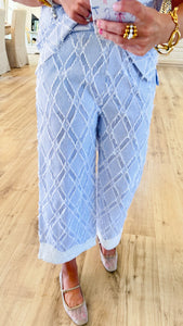 Blue and White Textured Pant Set