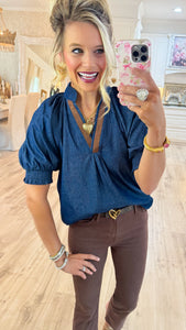 THML Denim V Neck Top