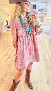 Mauve Floral Print Mineral Washed Babydoll Dress