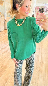 Green Ribbed Long Sleeve Drop Shoulder Top