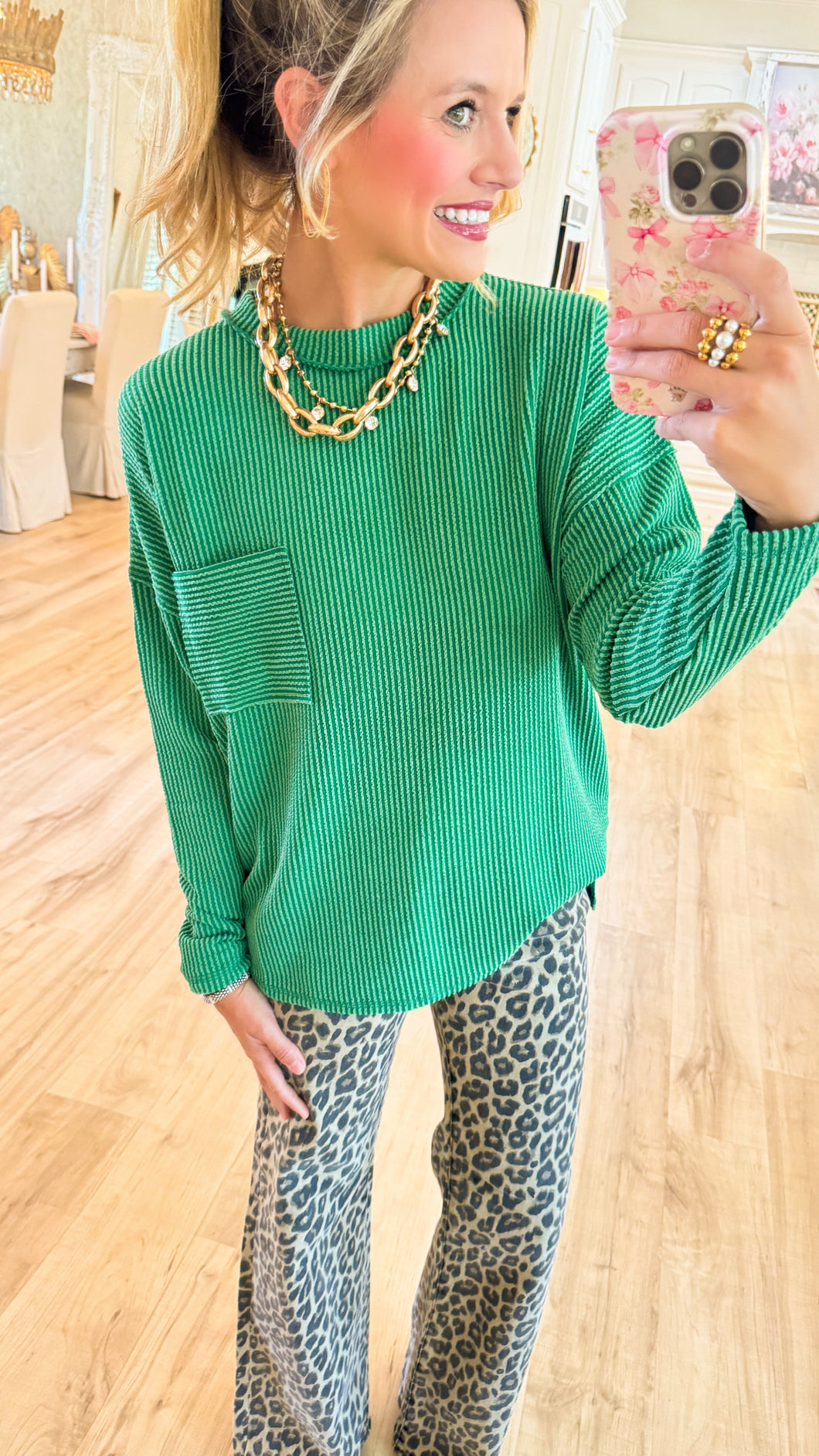 Green Ribbed Long Sleeve Drop Shoulder Top