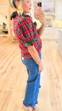 Red Plaid Puff Sleeve Ruffle Trim Blouse