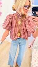 Camel and Pink Gingham Puff Sleeve Top