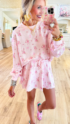 Pink Lace Trim Skirt Lounge Set