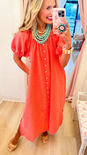 Coral Checkered Puff Sleeve Midi Dress