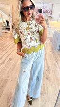 Ecru Floral Print Oversized Trim Top