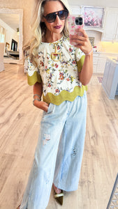 Ecru Floral Print Oversized Trim Top