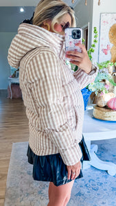 Beige Gingham Pull Over Puffer Jacket