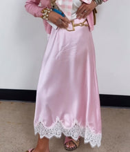 Pink Satin White Lace Trim Midi Skirt