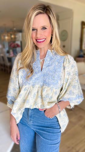 White and Blue Floral Embroidery Detail Top