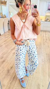Cream and Blue Floral Printed Jeans