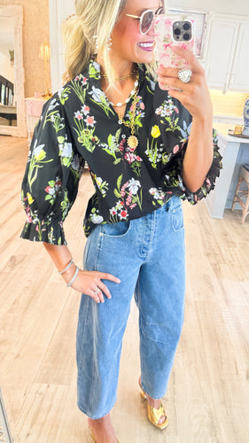 Black Botanical Print Blouse