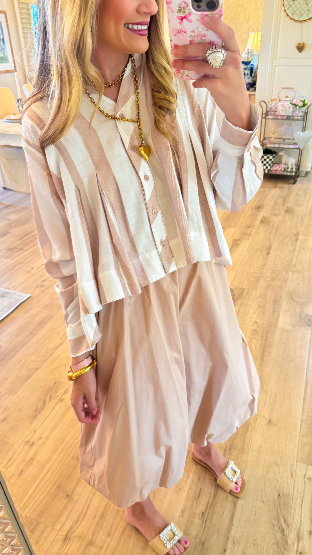 Taupe High Waisted Bubble Midi Skirt