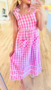 Pink Gingham Midi Dress