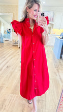 Red Flutter Sleeve Button Up Maxi Dress