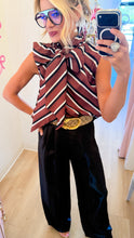 Brown Stripe Sleeveless Neck Tie Top