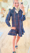 Navy Green Multi Plaid Ruffle Collar Mini Dress