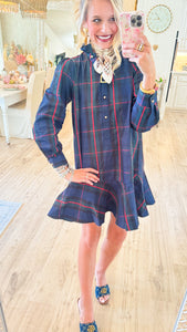 Navy Green Multi Plaid Ruffle Collar Mini Dress