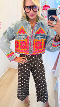 Cropped Pink and Orange Embroidered Denim Jacket