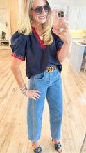 Navy Plaid Contrast Puff Sleeve Top