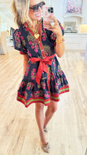 Black Floral Pattern Puff Sleeve Mini Dress