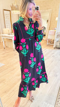 Black and Pink Flower Printed Midi Dress