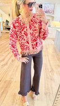 Coral Red Floral Fringed Sweater Cardigan