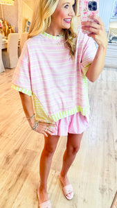 Pink & Lime Stripe Colorblock Top