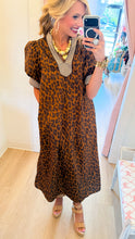 Brown Leopard Puff Sleeve Midi Dress