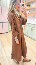 Brown Solid Long Sleeve Midi Dress